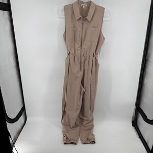 Derek Heart Utility Jumpsuit Tan Beige Cargo Pockets Zipper Waist Tie Size L